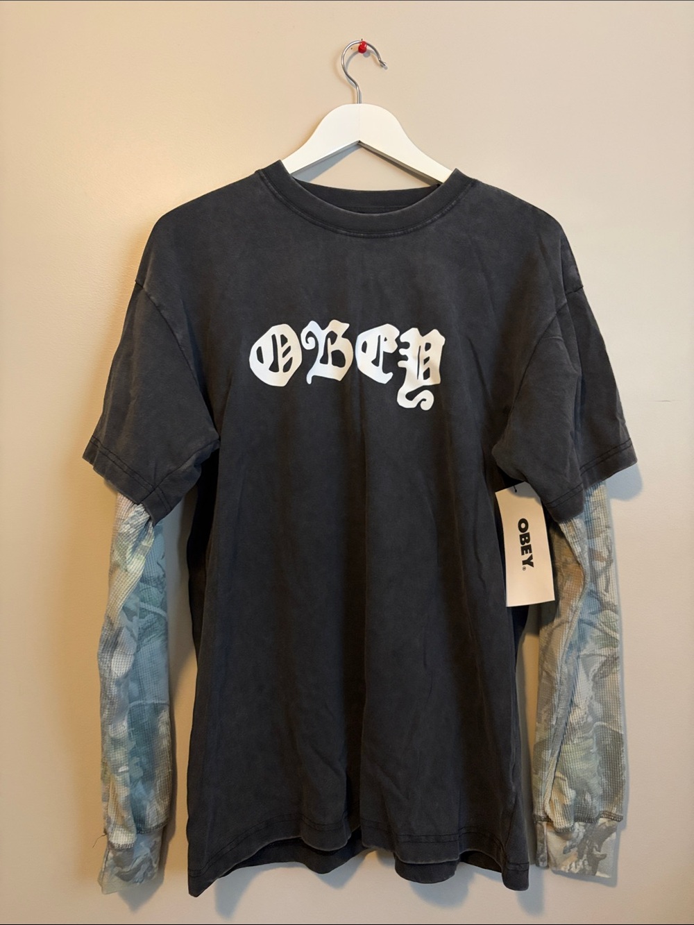Obey Double Layered Tee with White Logo and Camouflage Long-Sleeve Layer